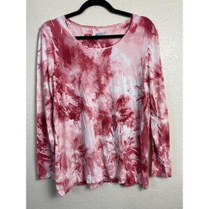 Chicos Stretch Jersey Long Sleeve Tunic Top Size Large Pink Floral Tie Dye Boho